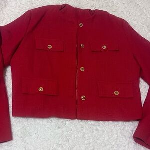 Cropped Red Button-Front Blazer with Four Pocket Flaps